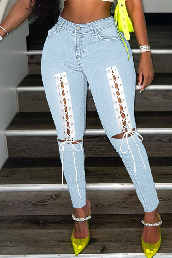 Jeans de mezclilla de cintura alta de patchwork ahuecados de vendaje sólido de calle sexy azul claro