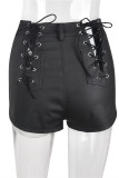 Pantalones cortos moda casual patchwork sólido correa diseño flaco cintura alta negro