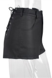 Pantalones cortos moda casual patchwork sólido correa diseño flaco cintura alta negro