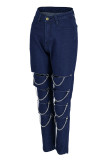 Azul escuro moda casual sólido rasgado patchwork correntes cintura alta jeans skinny