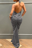 Grey Sexy Solid Patchwork Backless Halter Pencil Skirt Dresses