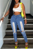 Light Blue Sexy Street Solid Bandage Hollowed Out Patchwork High Waist Denim Jeans