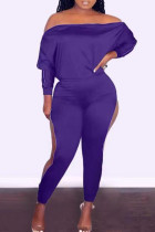 Purple Casual Solid Hollowed Out Patchwork Zipper Off the Shoulder Long Sleeve Two Pieces