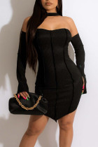 Черное сексуальное сплошное лоскутное асимметричное платье с лямкой на шее Нерегулярное платье Платья