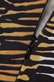 Tiger Pattern Fashion Sexy Print Fente sur l'épaule Robes à manches longues