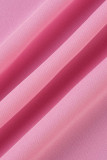 Tops de colarinho dobrado rosa casual com fivela de patchwork sólido