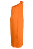オレンジカジュアルソリッドパッチワーク斜め襟ストレートプラスサイズのドレス