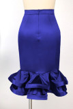 Calças retas de cor sólida azul elegante patchwork flounce cintura alta
