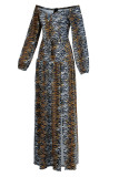 Leopard Print Fashion Sexy Print Slit Off the Shoulder Long Sleeve Dresses