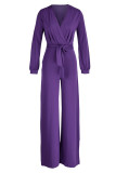 Purple Fashion Casual Solid Frenulum V Neck Regular Jumpsuits
