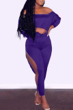 Purple Casual Solid Hollowed Out Patchwork Zipper Off the Shoulder Long Sleeve Two Pieces