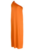 Оранжевые повседневные однотонные лоскутные косые воротники прямые платья больших размеров