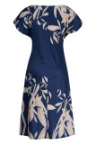 Темно-синее модное повседневное платье с принтом в стиле пэчворк и круглым вырезом с коротким рукавом