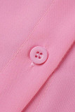 Tops de colarinho dobrado rosa casual com fivela de patchwork sólido