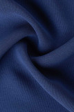 Azul Casual Patchwork Sólido Dobra Cintura Alta Perna Larga Parte Inferior Cor Sólida