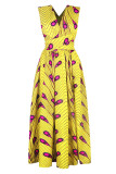 Robes droites à col en V et patchwork à imprimé mode jaune