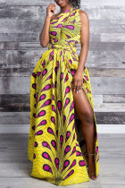 Yellow Bandage Patchwork V Neck Straight African Print Prom Dress