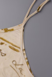 Aprikos Sexig Casual Plus Size Butterfly Print Backless Spaghetti Strap Lång Klänning