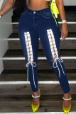 Светло-голубые сексуальные уличные однотонные джинсы с повязками в стиле пэчворк и высокой талией