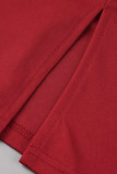 Vestido de manga corta con cuello en O y hendidura de patchwork sólido casual de moda roja