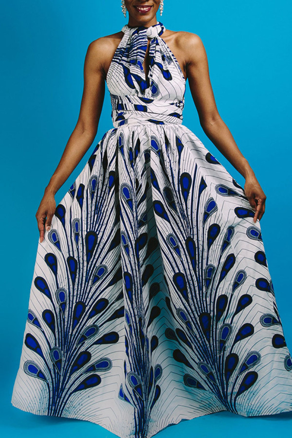 Синие модные прямые платья с принтом в стиле пэчворк и V-образным вырезом