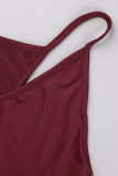 Бордовый модный сексуальный однотонный комбинезон с открытой спиной и V-образным вырезом больших размеров