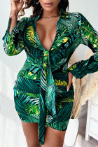 グリーン ファッション カジュアル プリント パッチワーク V ネック ロング スリーブ ドレス