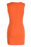 Tangerine Red Модное повседневное однотонное лоскутное платье с круглым вырезом без рукавов