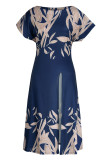 Tiefblaues, modisches, lässiges Patchwork-Kleid mit Schlitz und O-Ausschnitt, Kurzarm