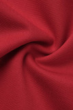 Vestido de manga corta con cuello en O y hendidura de patchwork sólido casual de moda roja