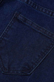 Темно-синие модные повседневные однотонные рваные лоскутные джинсы с высокой талией и узкими джинсовыми цепочками