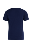 ネイビーブルーファッションデイリープリントパッチワークレターOネックTシャツ