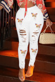 Weiße Mode-Street-Print zerrissene Patchwork-Denim-Jeans mit hoher Taille