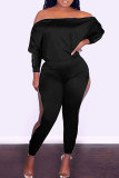 Black Casual Solid Hollowed Out Patchwork Zipper Off the Shoulder Long Sleeve Two Pieces