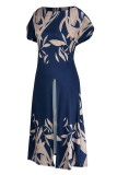 Tiefblaues, modisches, lässiges Patchwork-Kleid mit Schlitz und O-Ausschnitt, Kurzarm