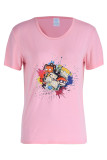 Camisetas com estampa de desenho animado casual rosa moda básica com gola O
