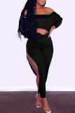 Black Casual Solid Hollowed Out Patchwork Zipper Off the Shoulder Long Sleeve Two Pieces