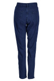 Jeans skinny in denim a vita alta con catene patchwork strappate solide casual alla moda blu scuro