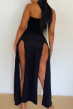 Черное модное сексуальное лоскутное платье без рукавов с открытой спиной и разрезом без бретелек