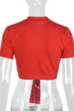 Camisetas casuais vermelhas moda com estampa de letras bandagem decote em V