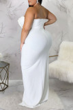 Weißes, sexy, solides Patchwork-Volant mit Schlitz, asymmetrisches, trägerloses Abendkleid, Kleider in Übergröße