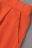 オレンジカジュアルソリッドパッチワークフラウンスVネック半袖ツーピース