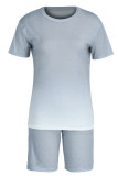 Baby Blue Fashion Casual Street Sportswear Cambio graduale Solid O Neck Plus Size Due pezzi
