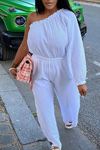 White Casual Solid Patchwork Oblique Collar Straight Jumpsuits
