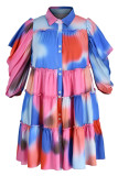 Vestido de camisa roxo ciano estampado casual patchwork fivela virada para baixo vestidos plus size