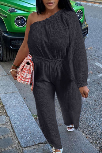 Black Casual Solid Patchwork Oblique Collar Straight Jumpsuits