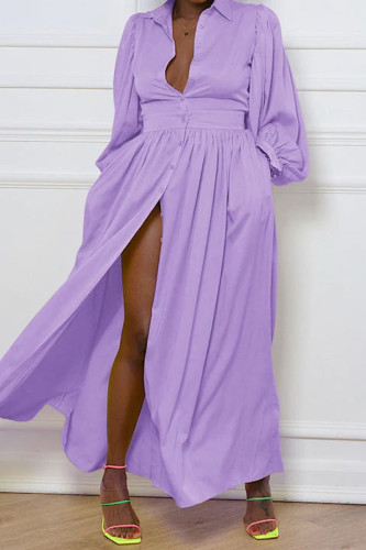 Фиолетовое повседневное однотонное платье-рубашка в стиле пэчворк с отложным воротником и пряжкой Платья Платья