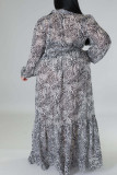 Grey Casual Print Patchwork Turndown Collar Straight Plus Size Dresses