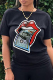Black Fashion Casual Lips Printed Patchwork O Neck T-Shirts
