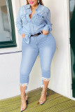 Mellanblå Casual Solid Patchwork Asymmetriska Plus Size Jeans